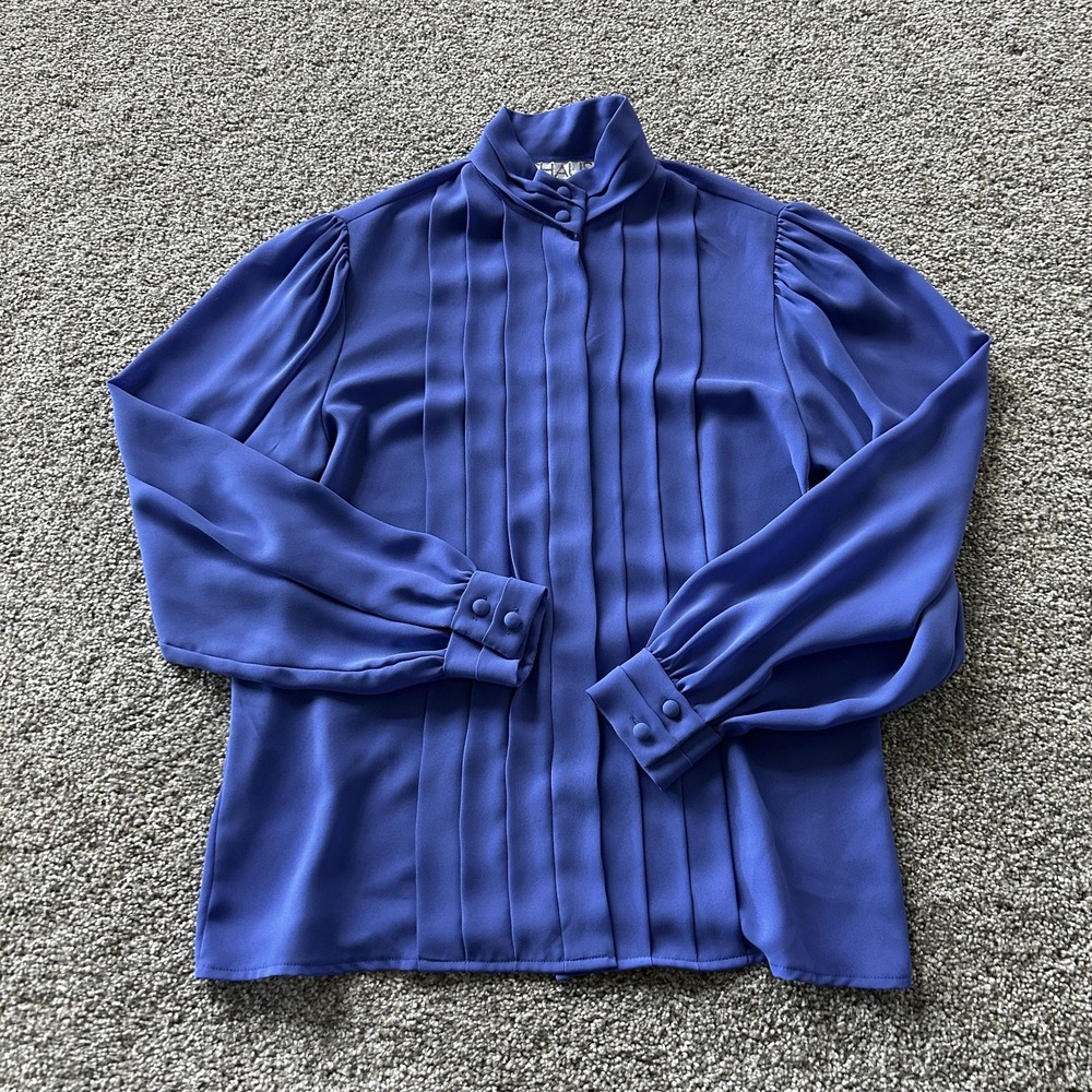 Chaus Blouse Womens 8 Blue Mock Neck Pleated Long Sleeve Basic Office Top